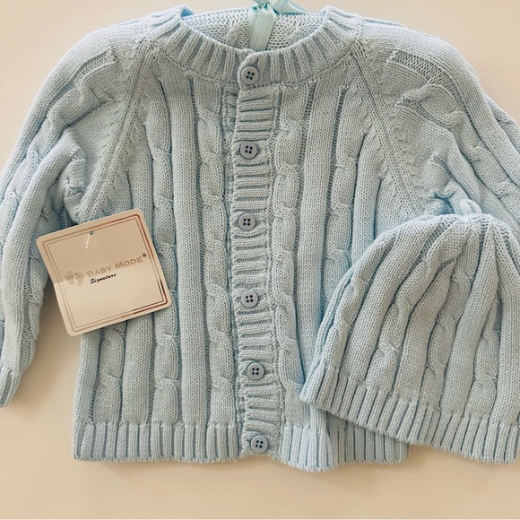 Baby Mode Boy 6-9 Months Blue Cardigan Hat Hanger Set - Picture 3 of 7